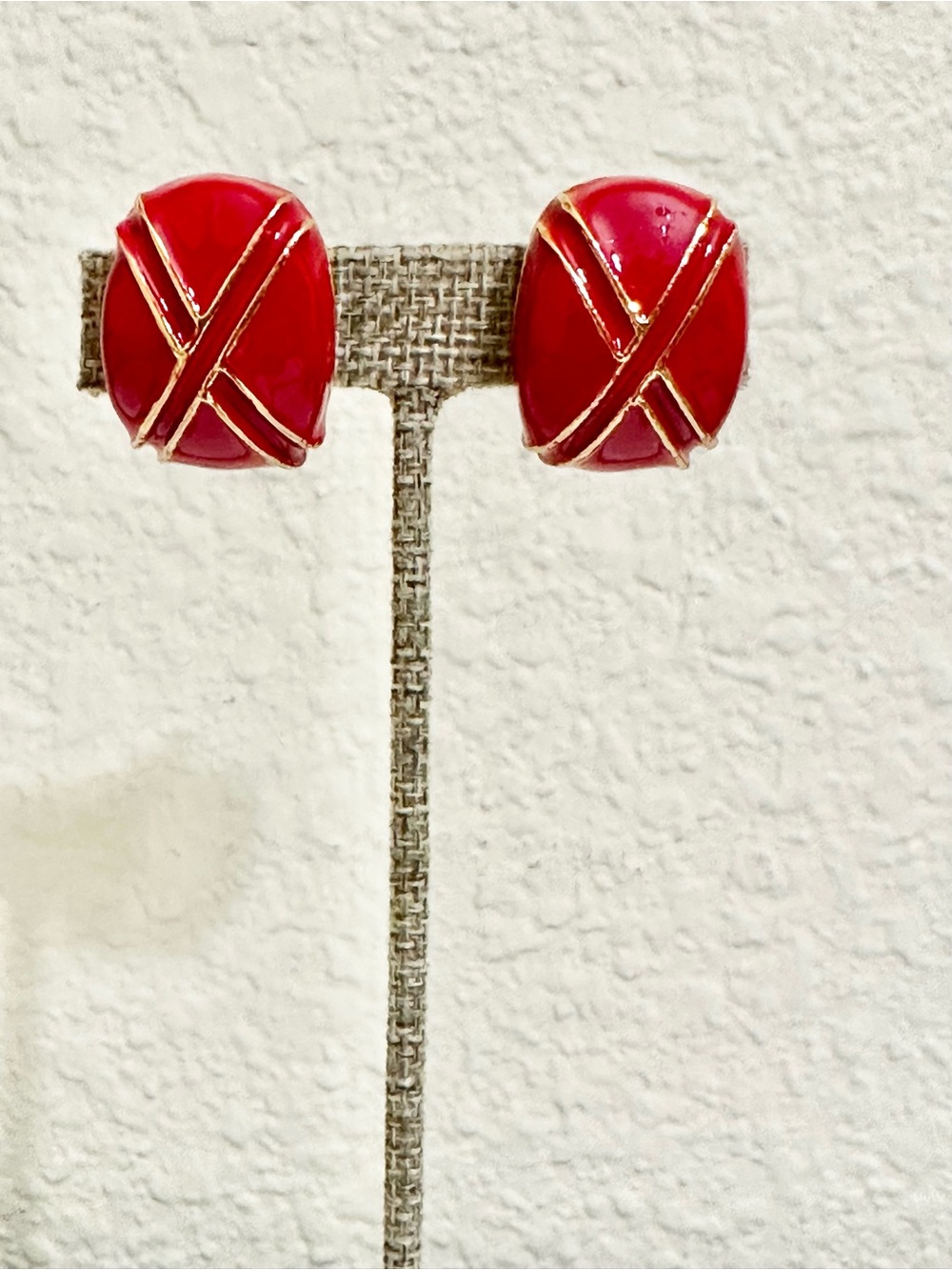Vintage Gold Plated Gold-Trim Red Enamel Stud Earrings